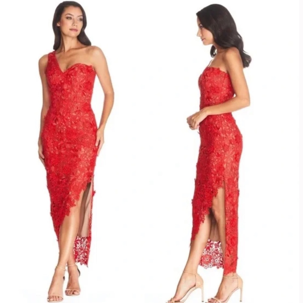 NWT Dress the Population Magnolia dress red midi one shoulder lace floral